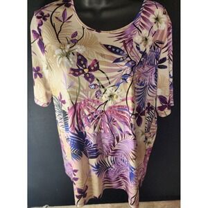 TanJay Womens 1XL SS Blouse Top Tropical Floral Print Bold Colors Stretch